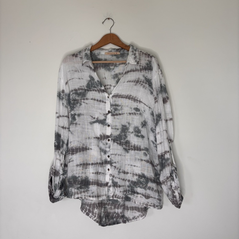 XCVI WEARABLES‎ Linen Tie Dye Grey Button Down Beach Cover Up Oversize Large